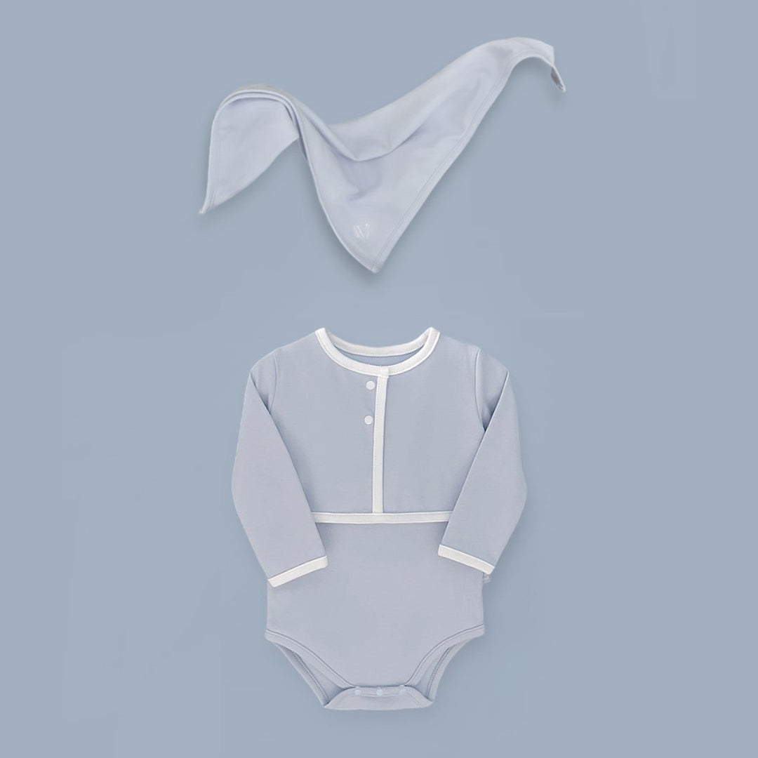 Muse Bodysuit + Iconic Scarf Set (Misty Blue): Stylish bodysuit with accent color lines and versatile iconic scarf.
