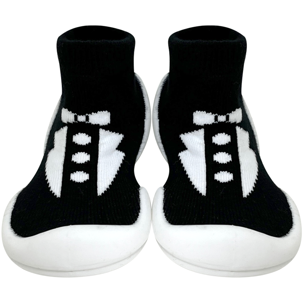 Tuxedo Baby First Walking Shoes: Elastic baby shoes with honeycomb outsole for slip resistance. Gentle flex for delicate baby foot cartilage, lightweight design for growth and learning to walk.