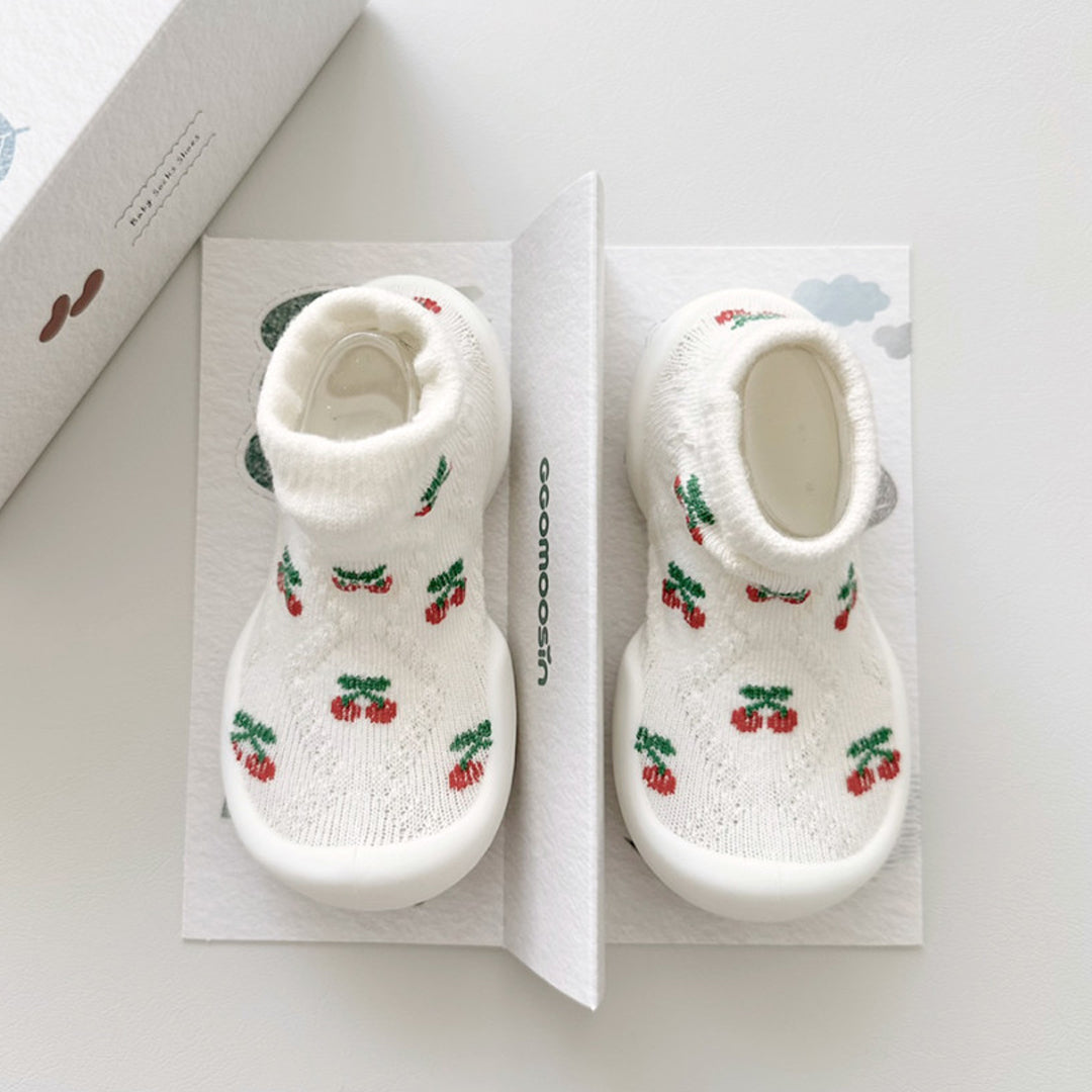 Mini Cherry Baby First Walking Shoes: Elastic baby shoes with honeycomb outsole for slip resistance. Gentle flex for delicate baby foot cartilage, lightweight design for growth and learning to walk.