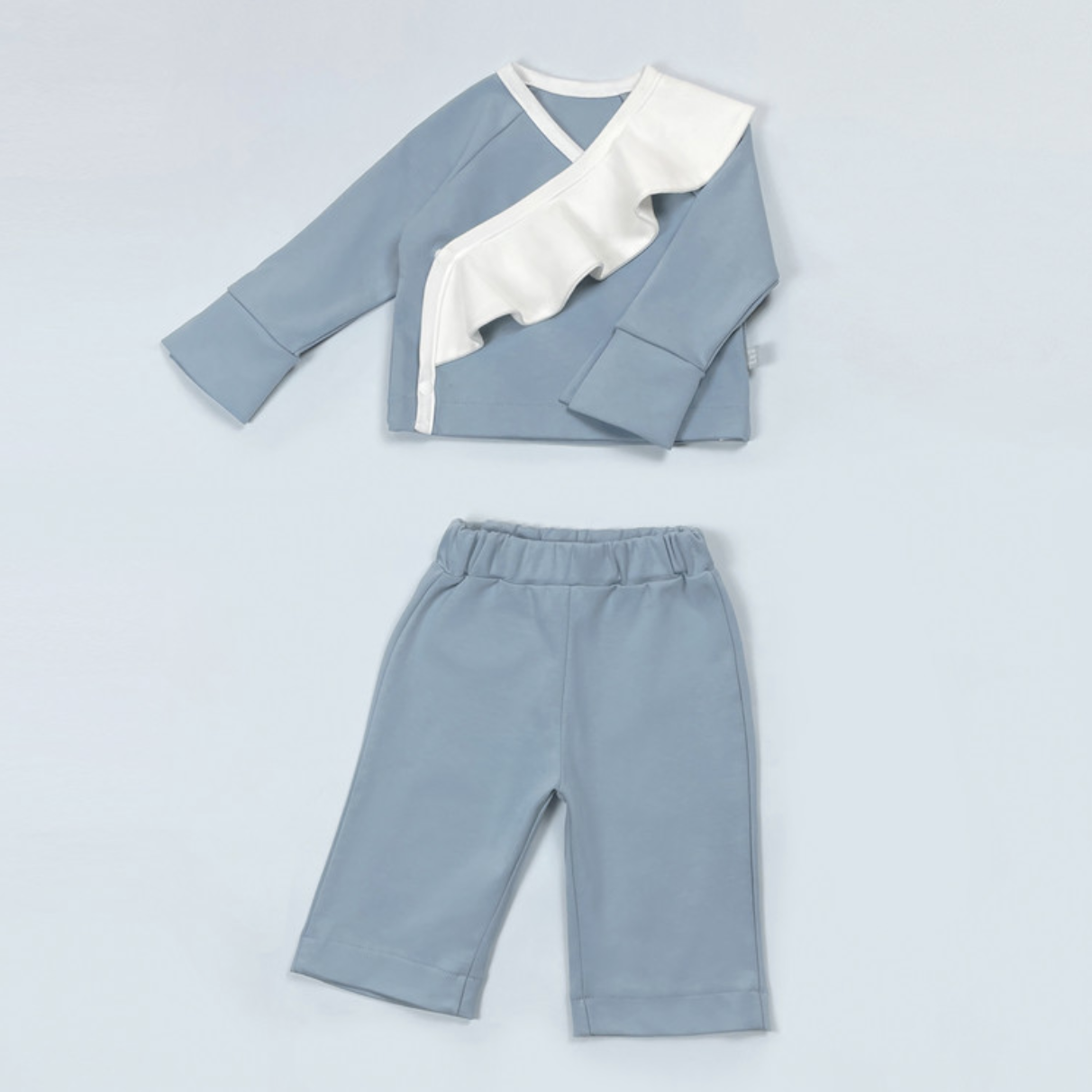 Ruffle Bodysuit Long-sleeves + Pants Set (Misty Blue): Sensuous bodysuit with wavy ruffle and versatile pants for a formal look