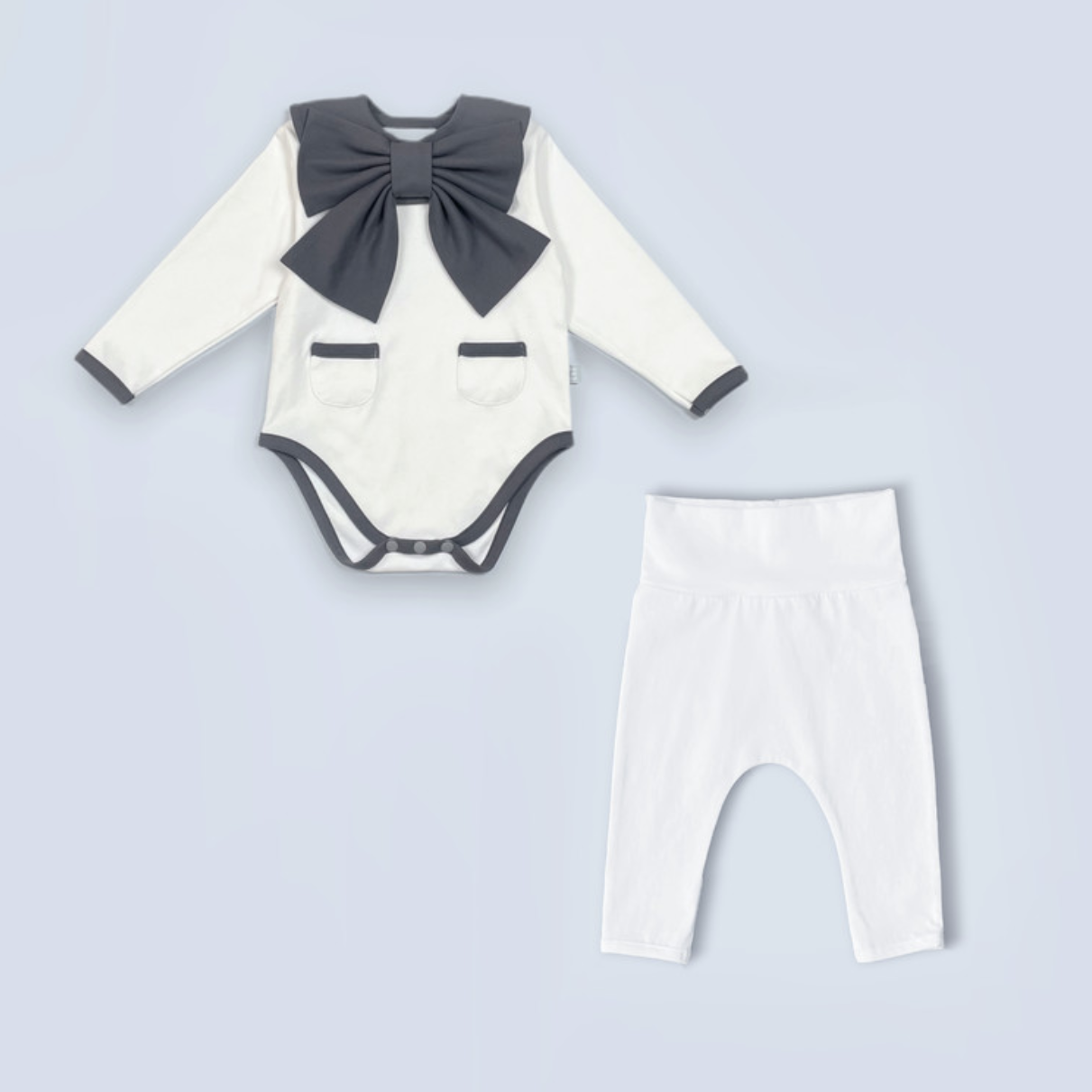 Dress Up Bodysuit Long Sleeve + Pants SET (Off White): Minimalistic design with contrasting lines, ribbon scarf bib, and adorable pocket details.