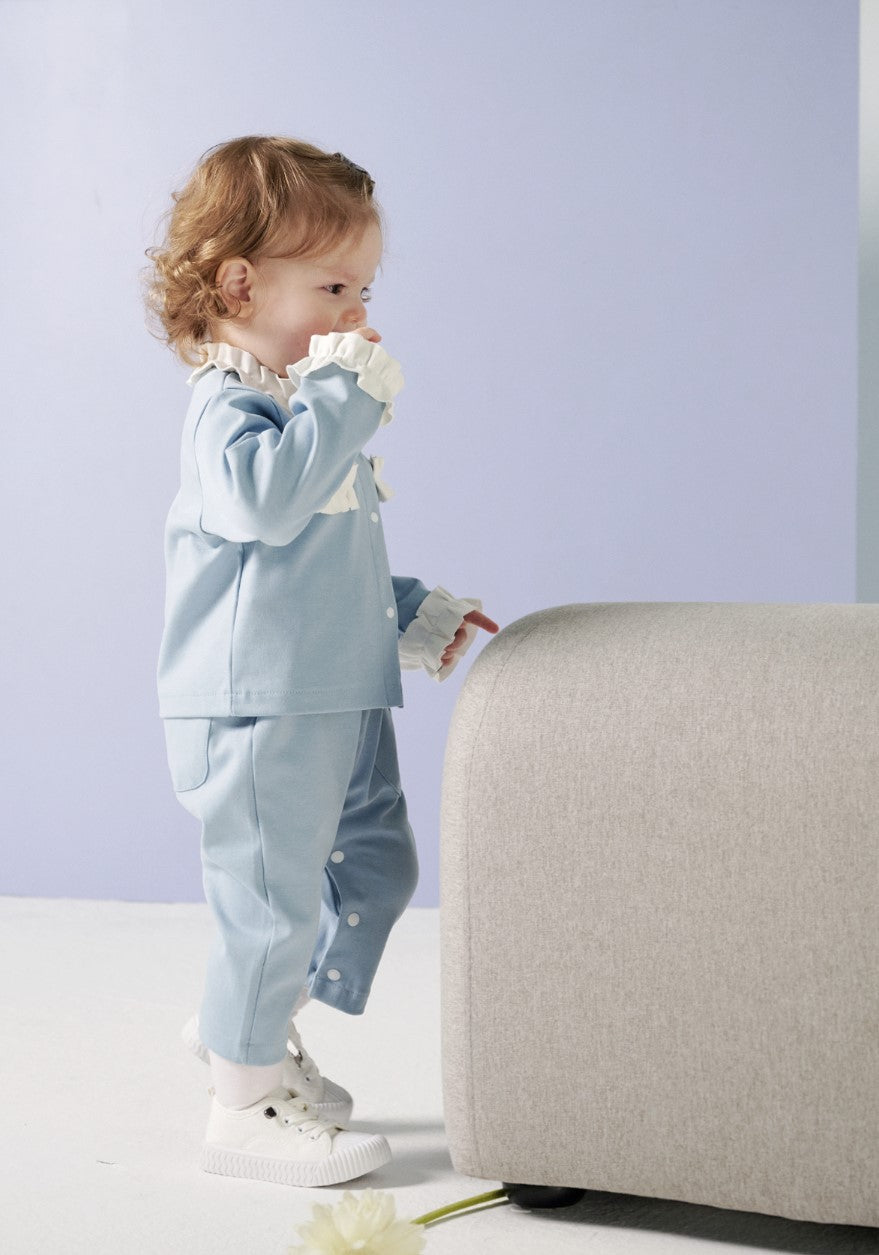 Be My Teddy Set (Misty Blue): Cozy jacket and overall set with white ruffle trim for an elegant look.