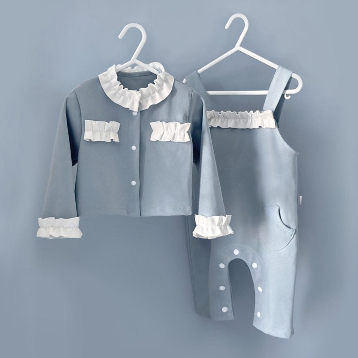 Be My Teddy Set (Misty Blue): Cozy jacket and overall set with white ruffle trim for an elegant look.