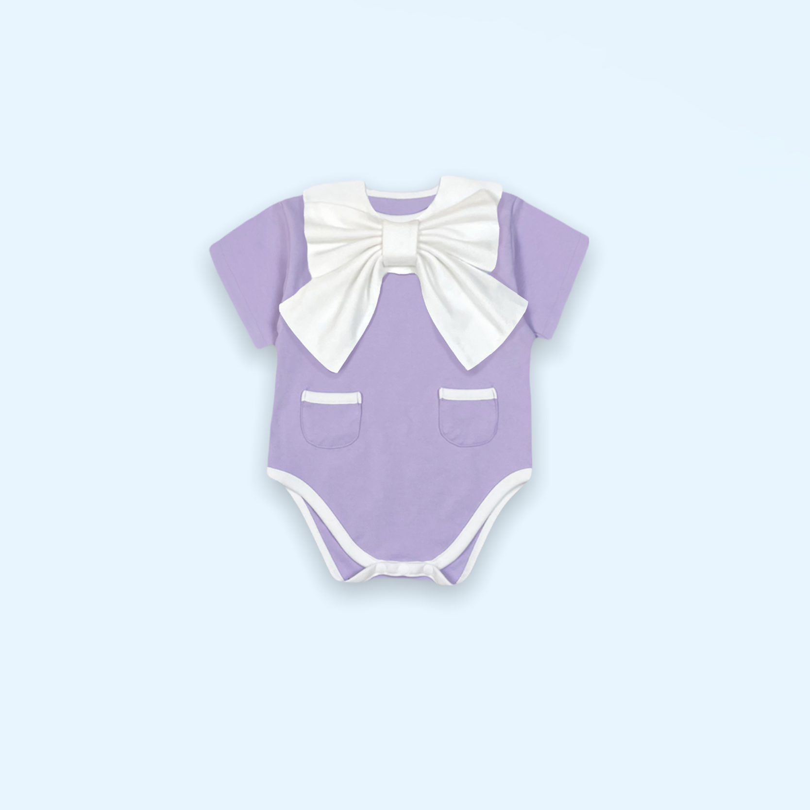 Dress Up Bodysuit (Lavender): Minimalistic design with contrasting lines and charming pocket details. Paired with a ribbon scarf bib for a formal look.