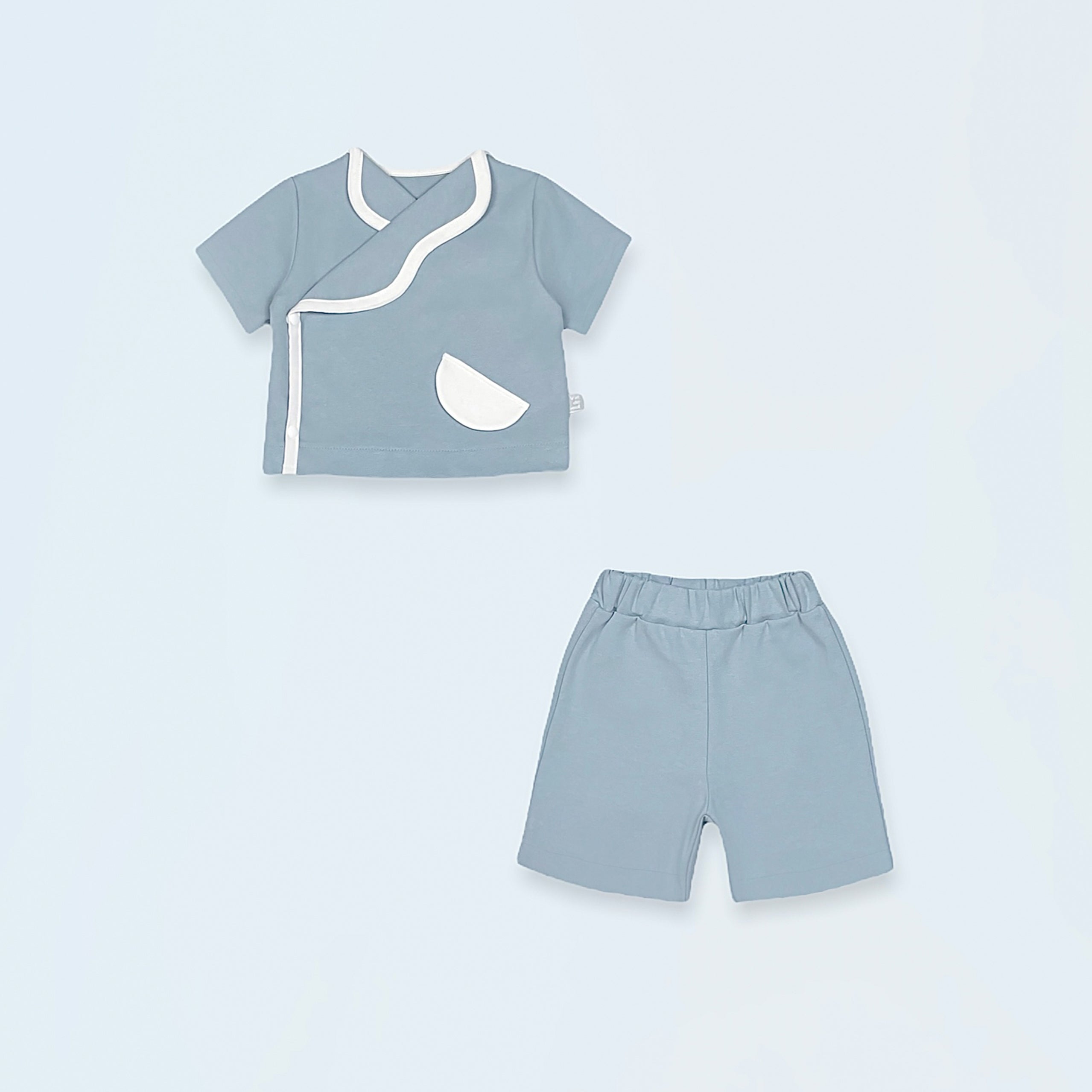 Misty Blue Short Soft Set Up Suit: Formal and comfortable cotton material with tailored collar and knee-length pants.